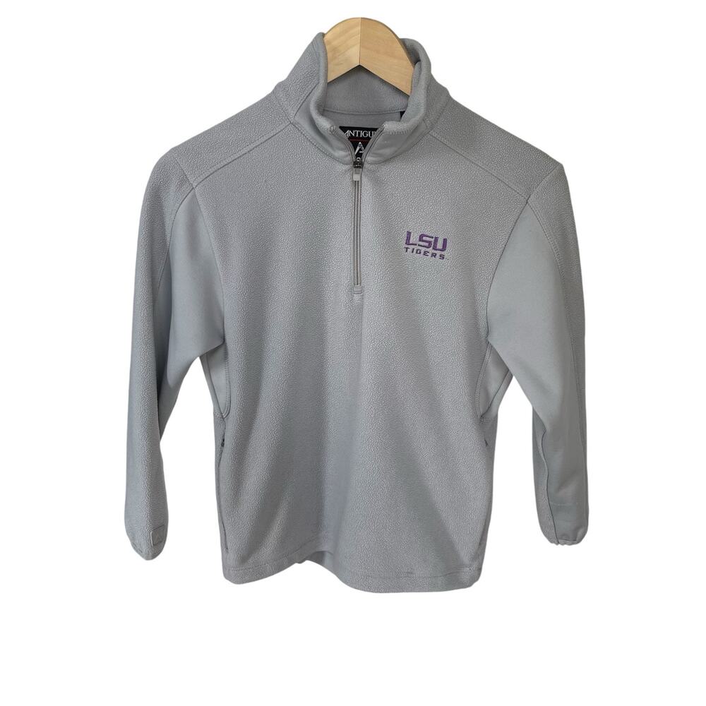 Kids S Antigua Gray Fleece 1/4 Zip Long Sleeve LSU Tigers Pullover Zip Pockets